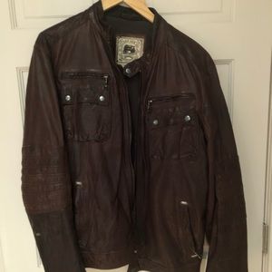 Brown leather jacket with band collar